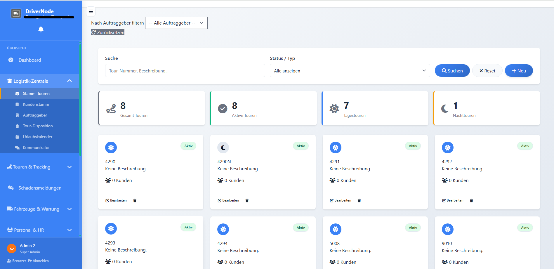 Tour-Disposition im DriverNode Dashboard