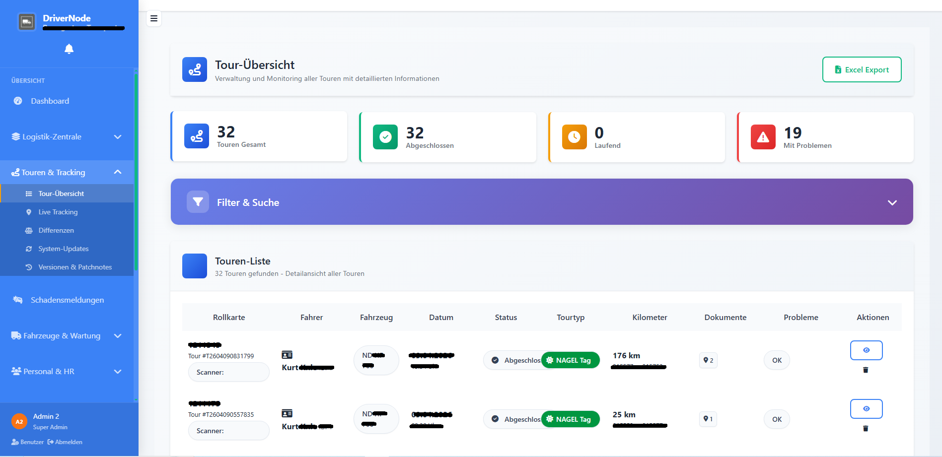 Tourübersicht im DriverNode Dashboard